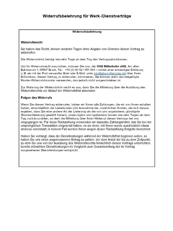 Widerrufsbelehrung Werk- und Dienstleistungen bei EHG Mitterhofer oHG in Bruck